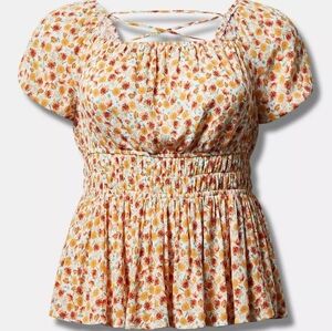 torrid Orange And Yellow Floral Crinkle Gauze Cris Cross Corset Back Top